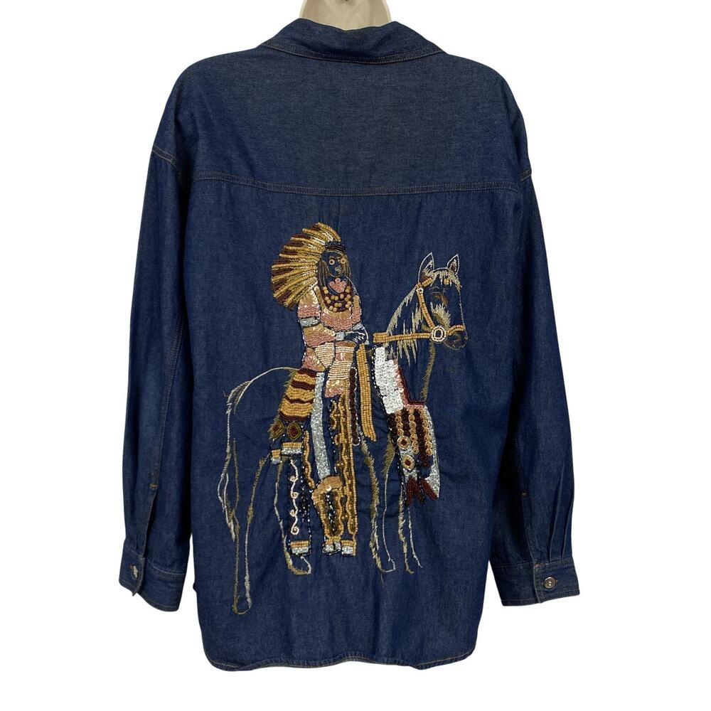 Vintage Denim Top Womens Medium Beaded Embroidered Native American Horse Western